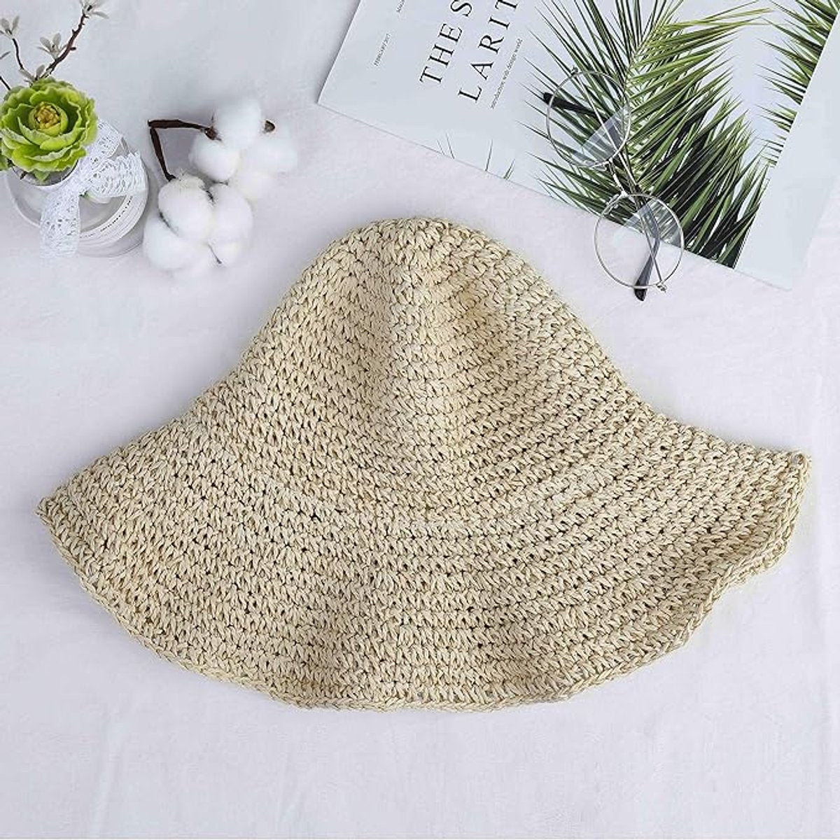 Women's foldable straw hat - Optimal sun protection - Wide brim - Foldable - Holiday decoration - 100% raffia paper (beige)