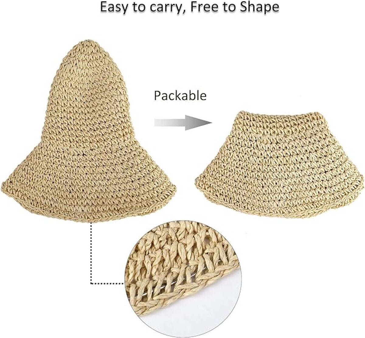 Women's foldable straw hat - Optimal sun protection - Wide brim - Foldable - Holiday decoration - 100% raffia paper (beige)