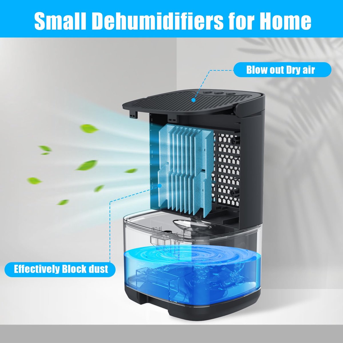 Ultra-quiet smart air dehumidifier - 1L capacity - Dehumidifier for bedroom, bathroom, basement, house - 2 in 1 - Small - Quiet - Black