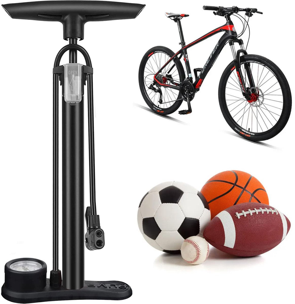 Bicycle pump - Bicycle pump with pressure gauge - Double valve head - Schrader and French valves - Foot pump - Practical for baby on the go or for travel - Black