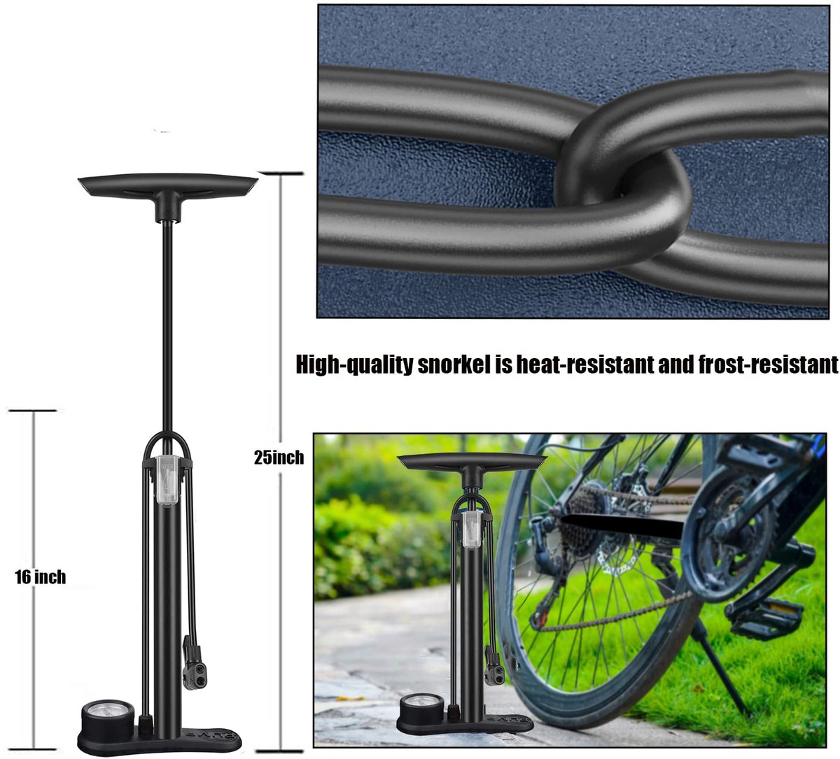 Bicycle pump - Bicycle pump with pressure gauge - Double valve head - Schrader and French valves - Foot pump - Practical for baby on the go or for travel - Black