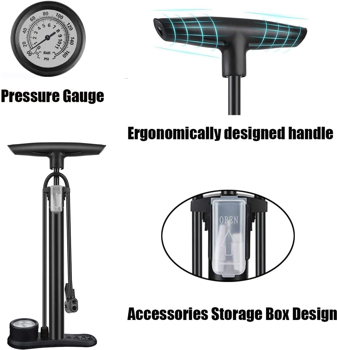 Bicycle pump - Bicycle pump with pressure gauge - Double valve head - Schrader and French valves - Foot pump - Practical for baby on the go or for travel - Black