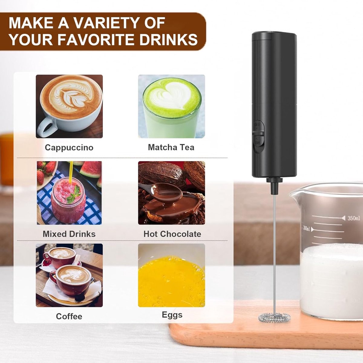 Milk Frother - Milk Frothers - Manual Milk Frother - Electric Milk Frother - Functional Electric Milk Frother - Portable Electric Milk Frother - With Whisk - For Coffee, Matcha, Latte and Cappuccino