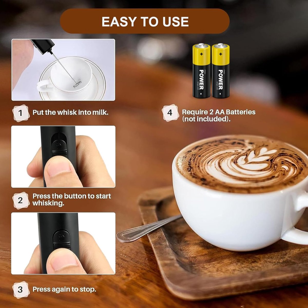 Milk Frother - Milk Frothers - Manual Milk Frother - Electric Milk Frother - Functional Electric Milk Frother - Portable Electric Milk Frother - With Whisk - For Coffee, Matcha, Latte and Cappuccino