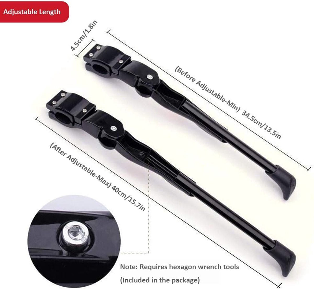 Simple 34.5 cm bicycle kickstand, aluminum and stainless steel mountain bike kickstand, easy to install, for mountain bikes and road bikes