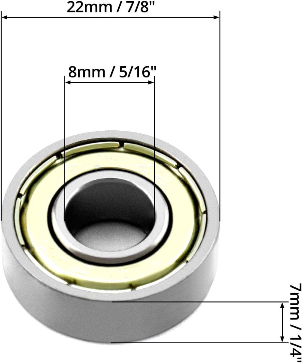 20 608zz ball bearings - Miniature deep groove ball bearings, double metal shielding - For skateboards, scooters, inline skates, 8 mm x 22 mm x 7 mm