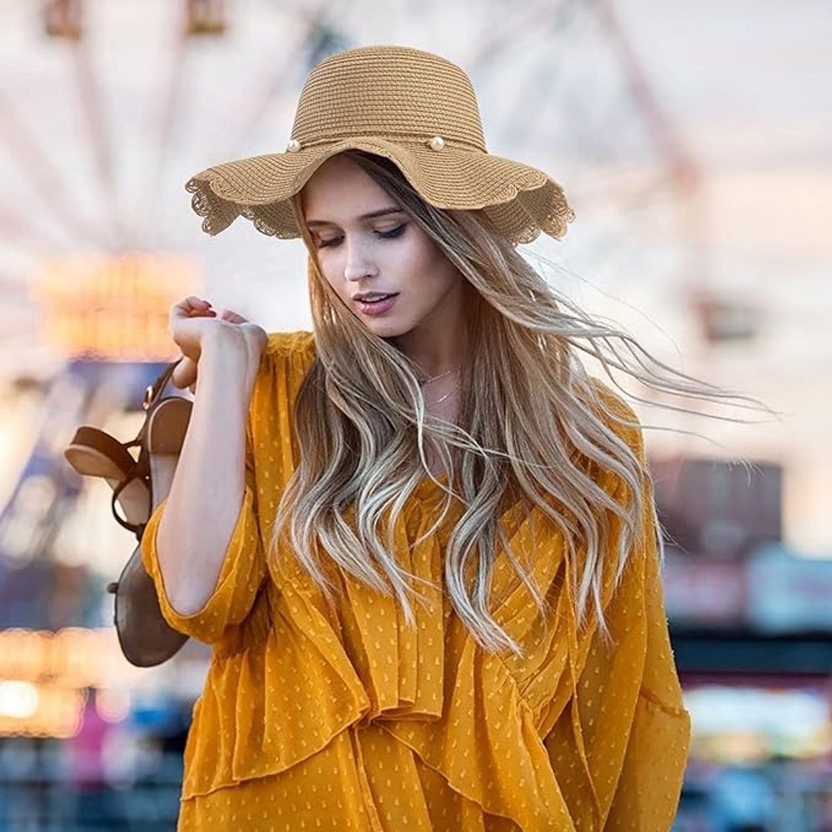 Straw hat - foldable sun hat for women - summer - breathable beach hat with wide brim and soft edge - with beautiful beads - UV protection - UPF 50 - suitable for hiking, travel and vacations