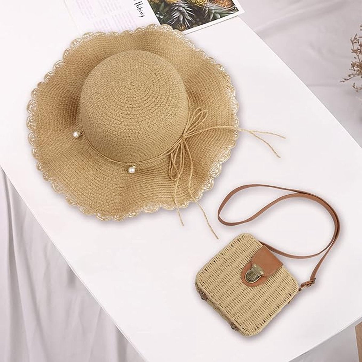 Straw hat - foldable sun hat for women - summer - breathable beach hat with wide brim and soft edge - with beautiful beads - UV protection - UPF 50 - suitable for hiking, travel and vacations