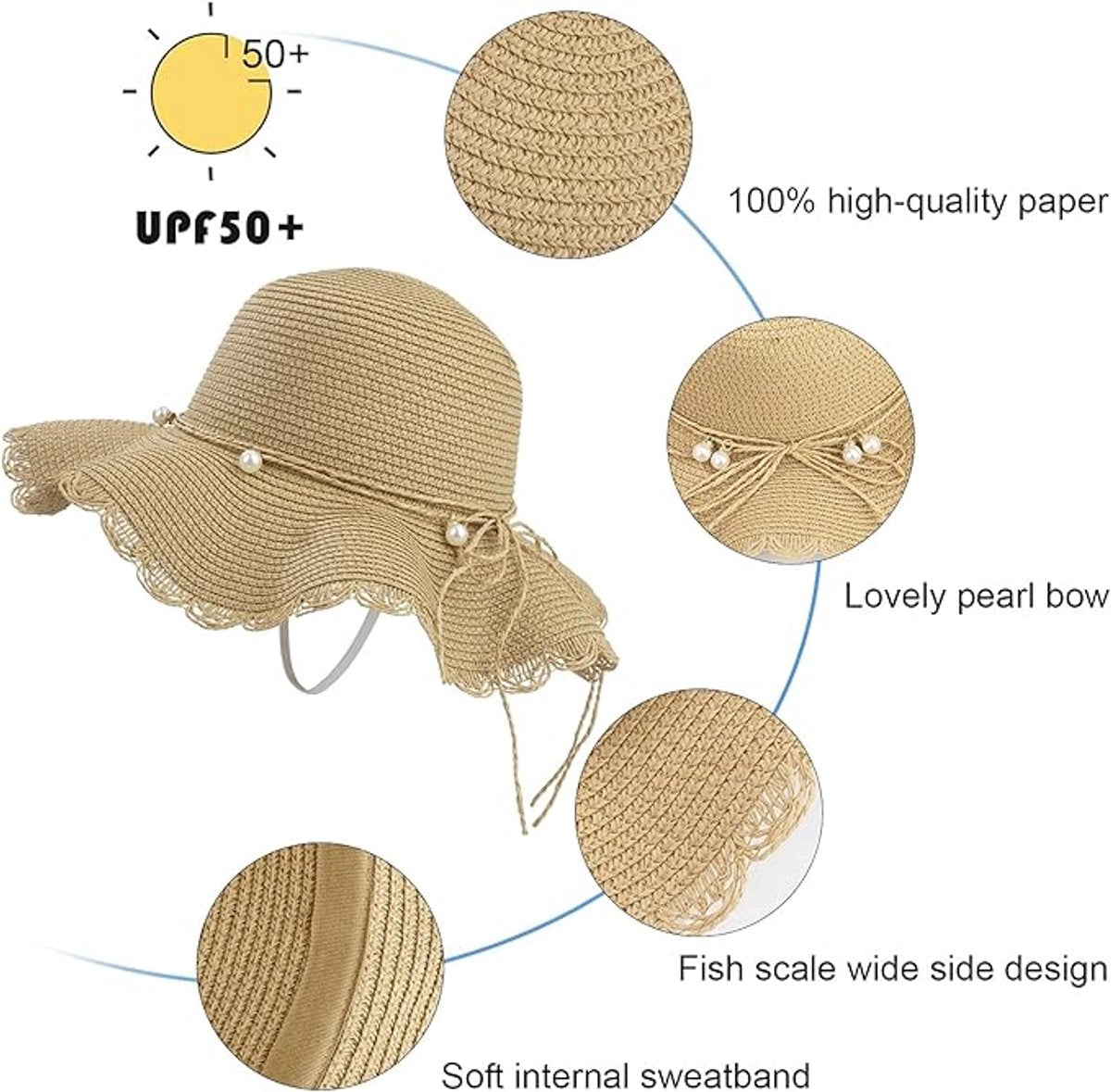 Straw hat - foldable sun hat for women - summer - breathable beach hat with wide brim and soft edge - with beautiful beads - UV protection - UPF 50 - suitable for hiking, travel and vacations