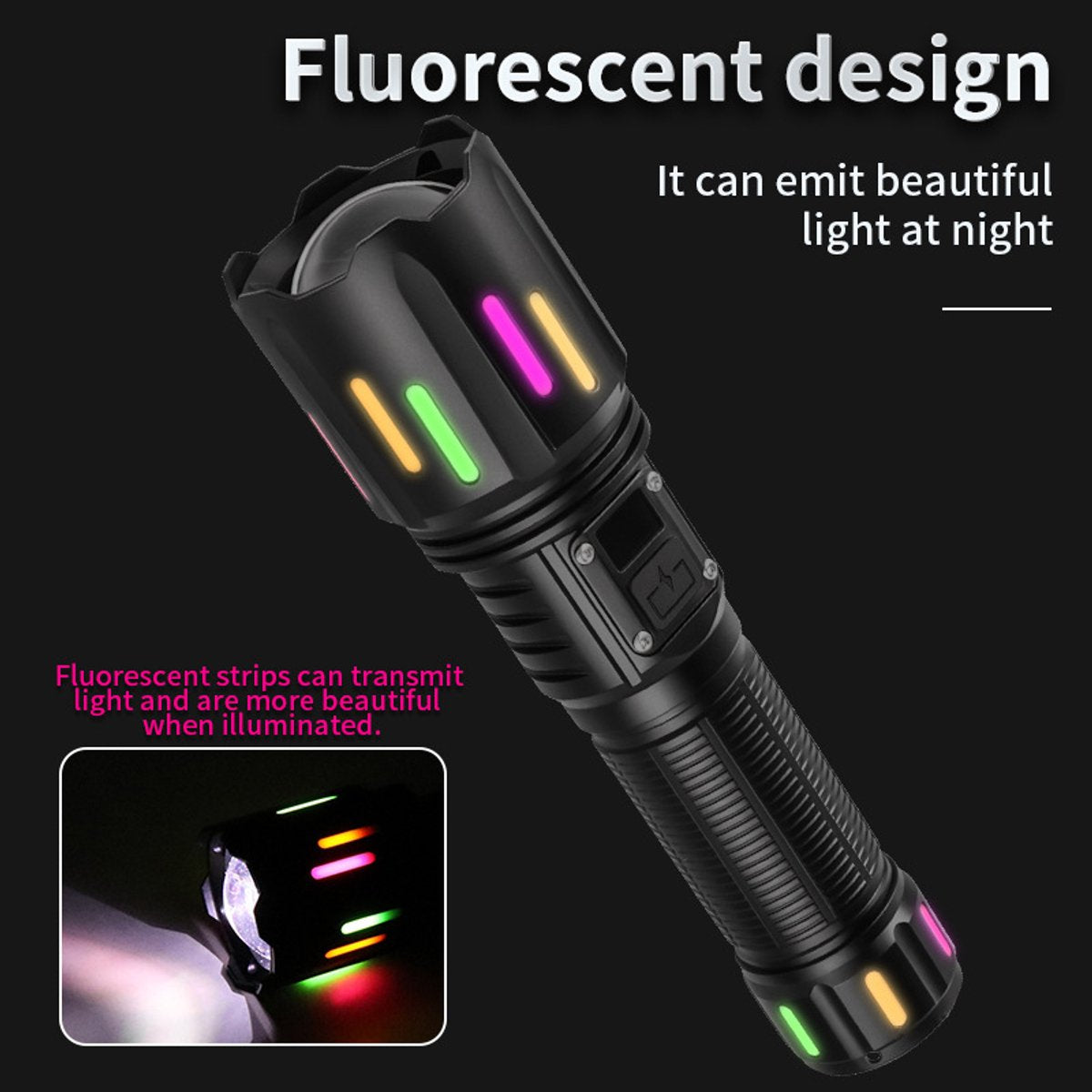 High power white laser LED flashlight, waterproof, rechargeable, Type-C, zoom function - including 18650 battery.
