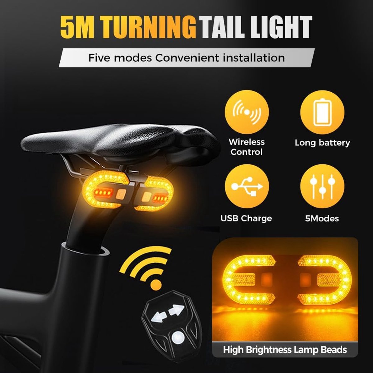 Bicycle light with alarm and rechargeable battery - Bicycle lamp - Bicycle alarm - Bicycle light - Bicycle alarm with remote control - Bicycle taillight - USB rechargeable - Waterproof - Alarm system - Bicycle taillight with alarm function - Black