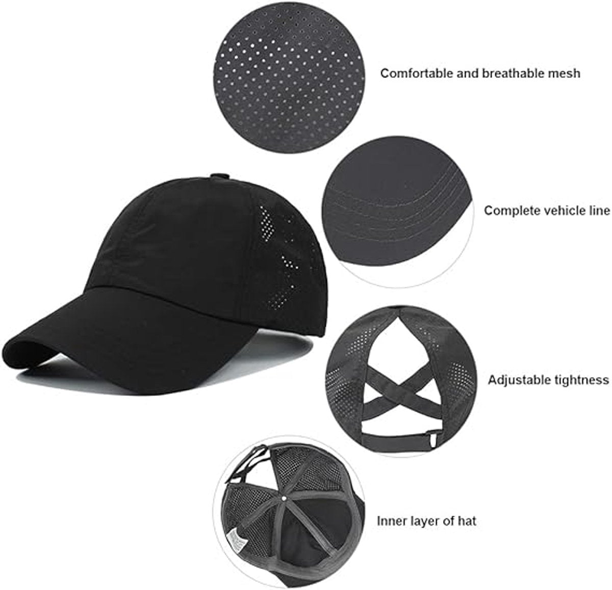 Women's ponytail baseball cap, adjustable summer cap in quick-drying breathable mesh, unisex baseball cap, sports cap