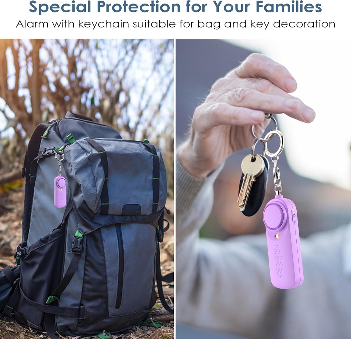 Personal Alarm - 130 dB - Security Siren - Self-Defense Siren - With LED Light-Up Keyring - For Children, Women, Students and Seniors (Purple)
