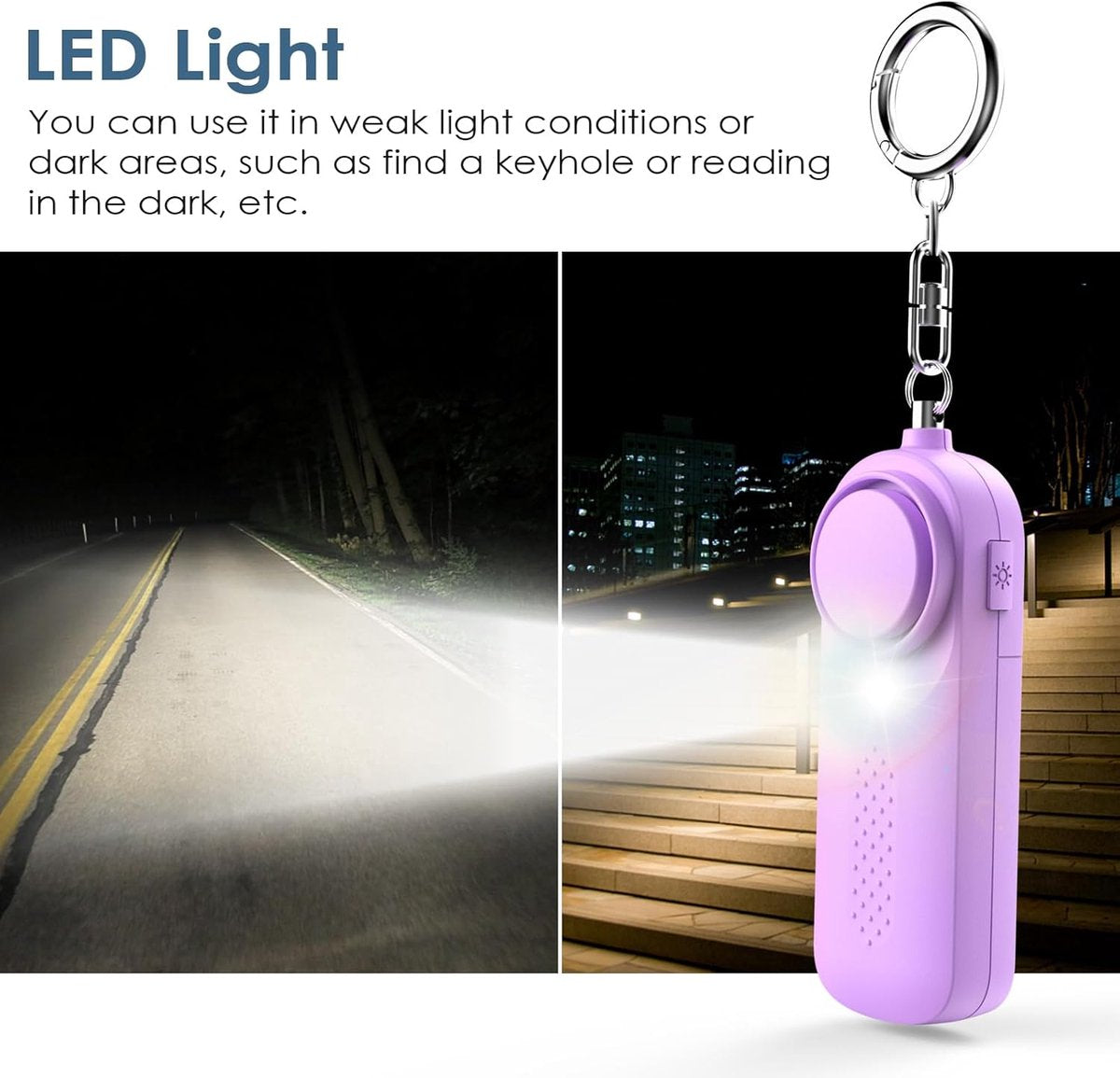 Personal Alarm - 130 dB - Security Siren - Self-Defense Siren - With LED Light-Up Keyring - For Children, Women, Students and Seniors (Purple)