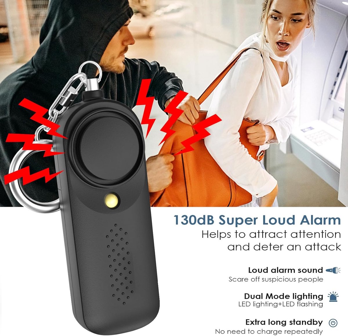 Personal Alarm - 130 dB - Security Siren - Self-Defense Siren - With LED Light-Up Keyring - For Children, Women, Students and Seniors (Black)