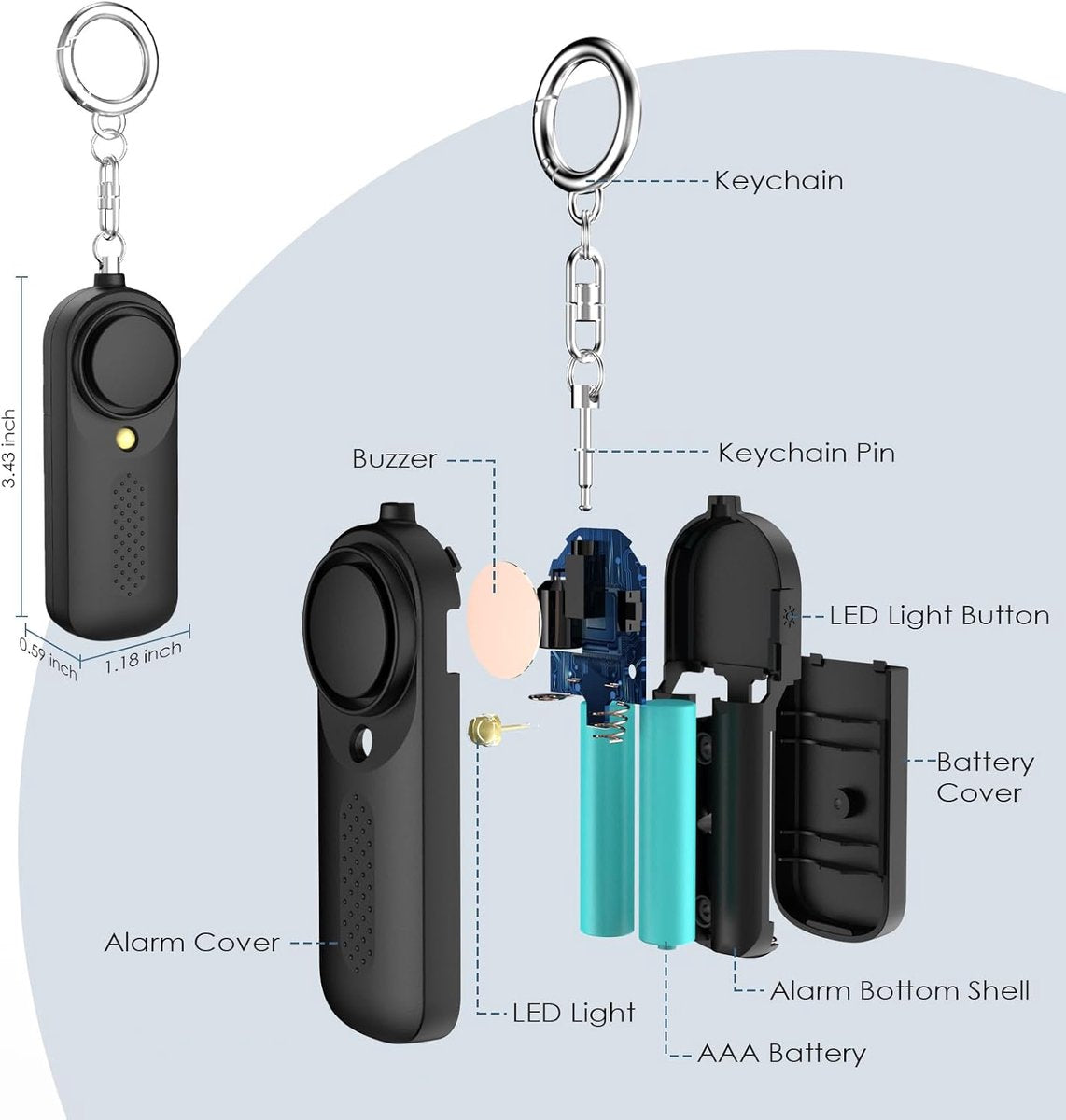 Personal Alarm - 130 dB - Security Siren - Self-Defense Siren - With LED Light-Up Keyring - For Children, Women, Students and Seniors (Black)