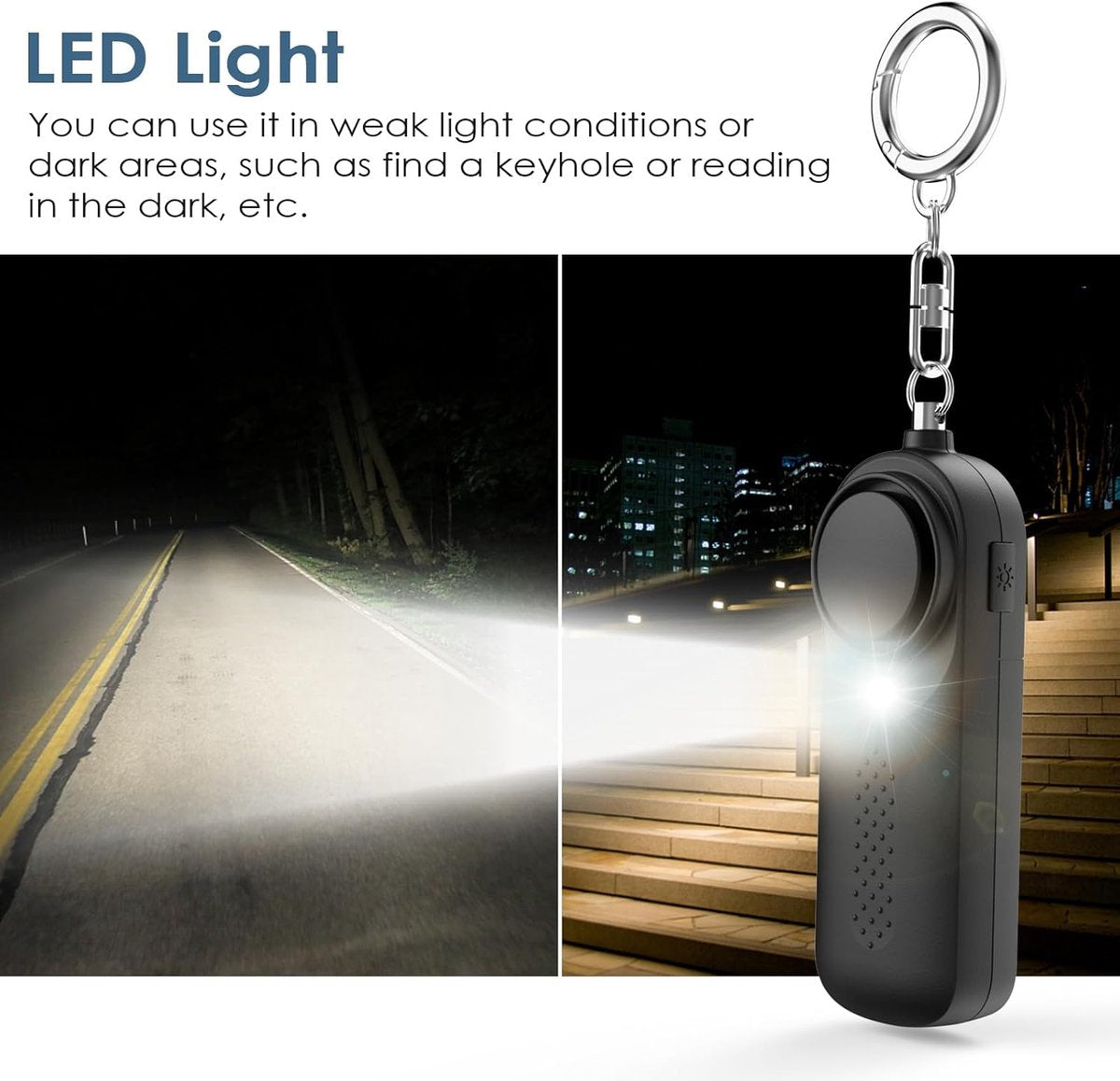 Personal Alarm - 130 dB - Security Siren - Self-Defense Siren - With LED Light-Up Keyring - For Children, Women, Students and Seniors (Black)