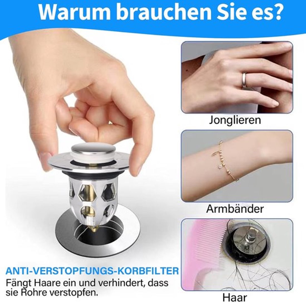 Pop-on sink drain plug - Drain stopper - Drain strainer - Hair catcher - Sink - Drain plugs - Sinks - Bathroom/Kitchen - Hair - Chrome - For 34-40 mm