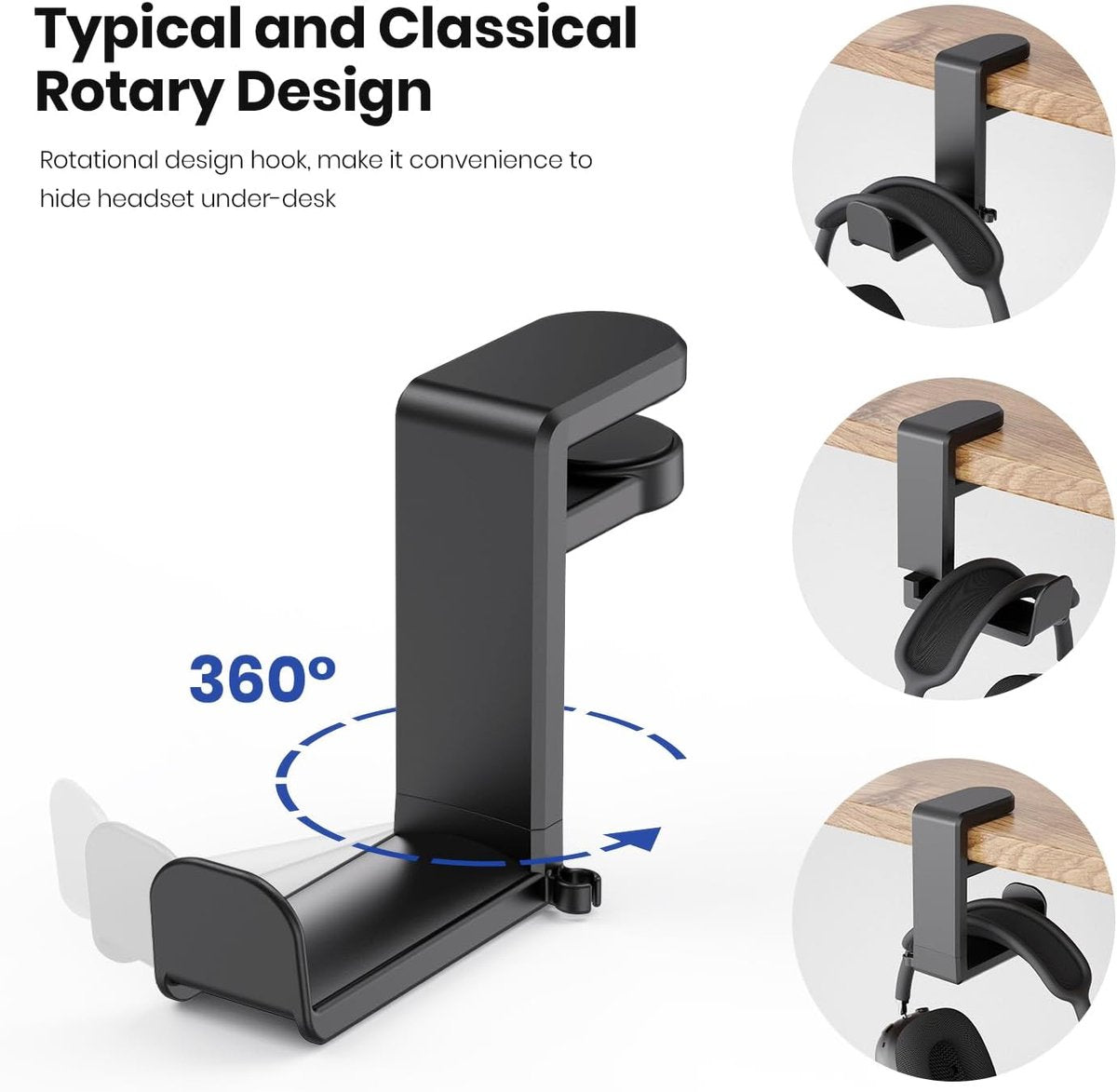 Headset Stand - Headset Holder - Rotating Headset Stand - Gaming Headset Stand - With 360-Degree Rotation and Cable Clip Organizer - Adjustable Clamp Mount Under Desk - Black