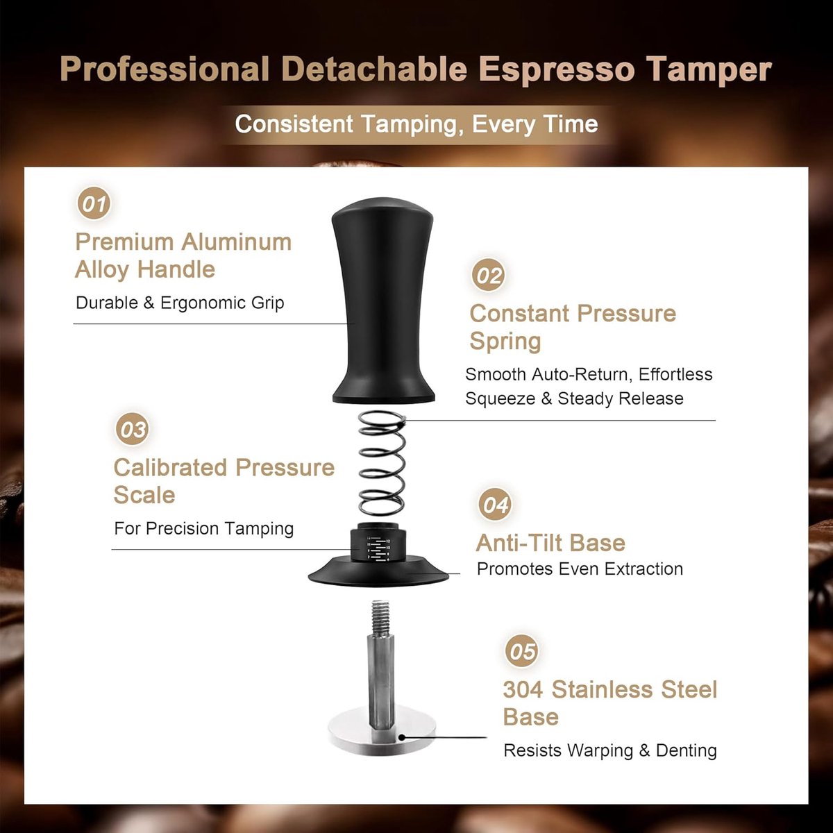 Tamper - Coffee tamper - Espresso tamper - 51 mm espresso tamper - Aluminum and stainless steel espresso tamper - Ergonomic self-leveling tamper - For baristas - Black