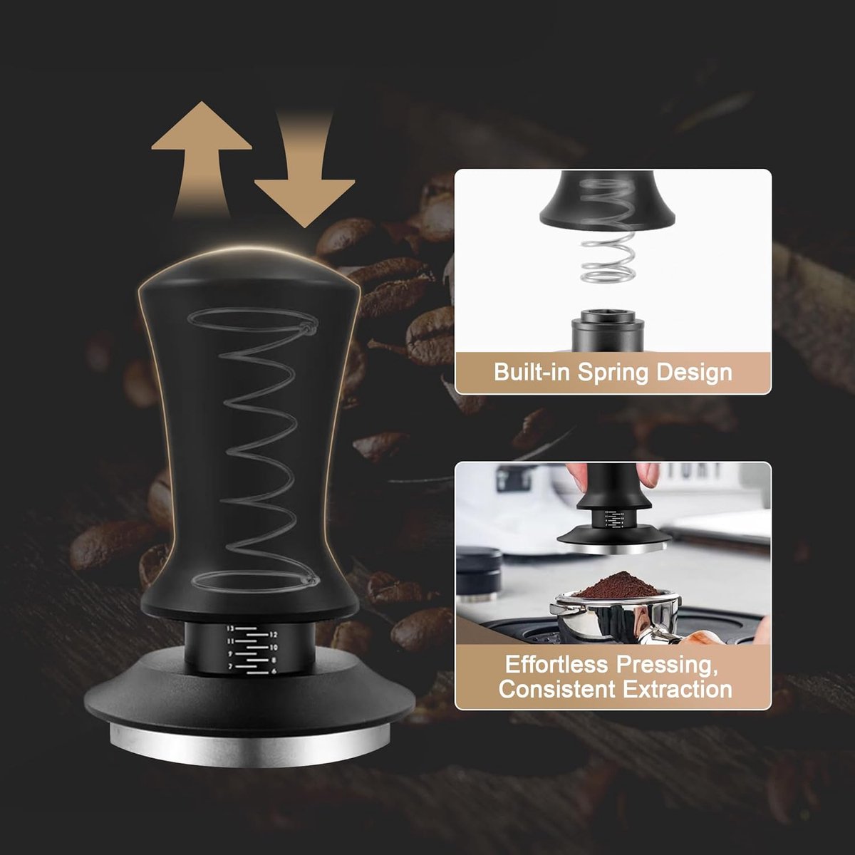 Tamper - Coffee tamper - Espresso tamper - 58 mm espresso tamper - Aluminum and stainless steel espresso tamper - Ergonomic self-leveling tamper - For baristas - Black