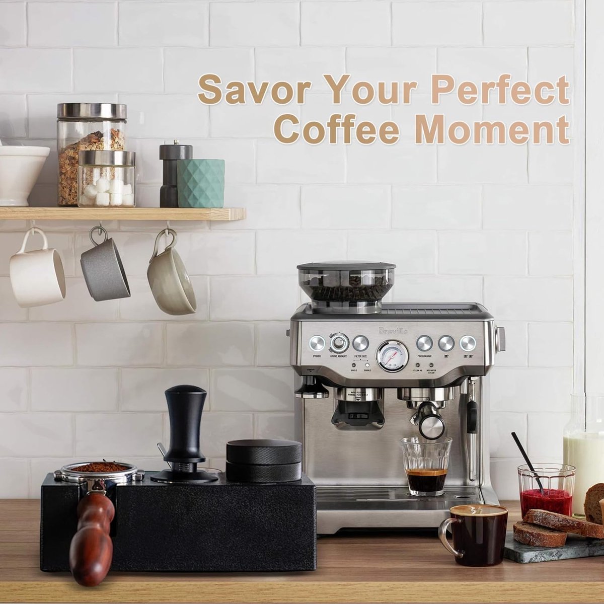 Tamper - Coffee tamper - Espresso tamper - 58 mm espresso tamper - Aluminum and stainless steel espresso tamper - Ergonomic self-leveling tamper - For baristas - Black