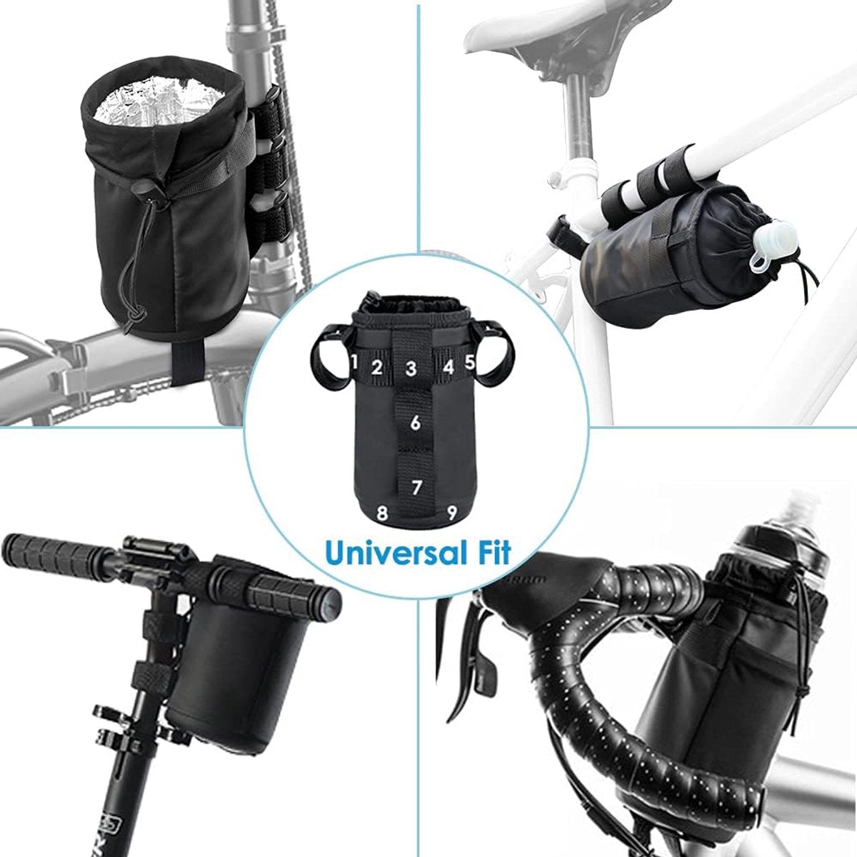 Bicycle panniers - Water bottle cage - Insulated cup holder with shoulder strap - Cup holder with phone storage for adults and children - Water bottle cage for mountain bike handlebars - Black