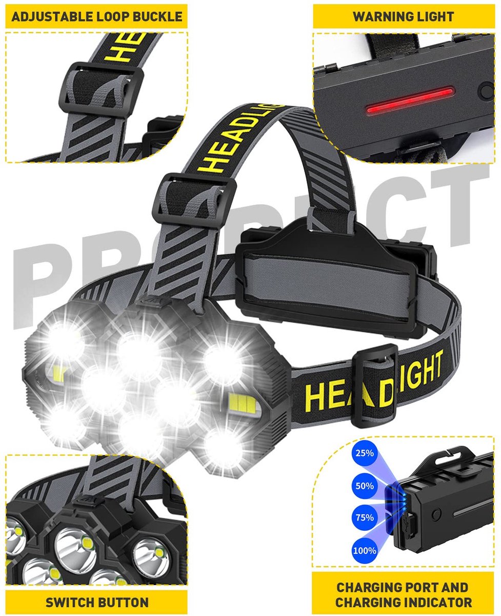 Headlamp - Rechargeable LED Headlamp - 10 LEDs - Extra powerful - 1000 lumens - 150-meter beam distance - Adjustable