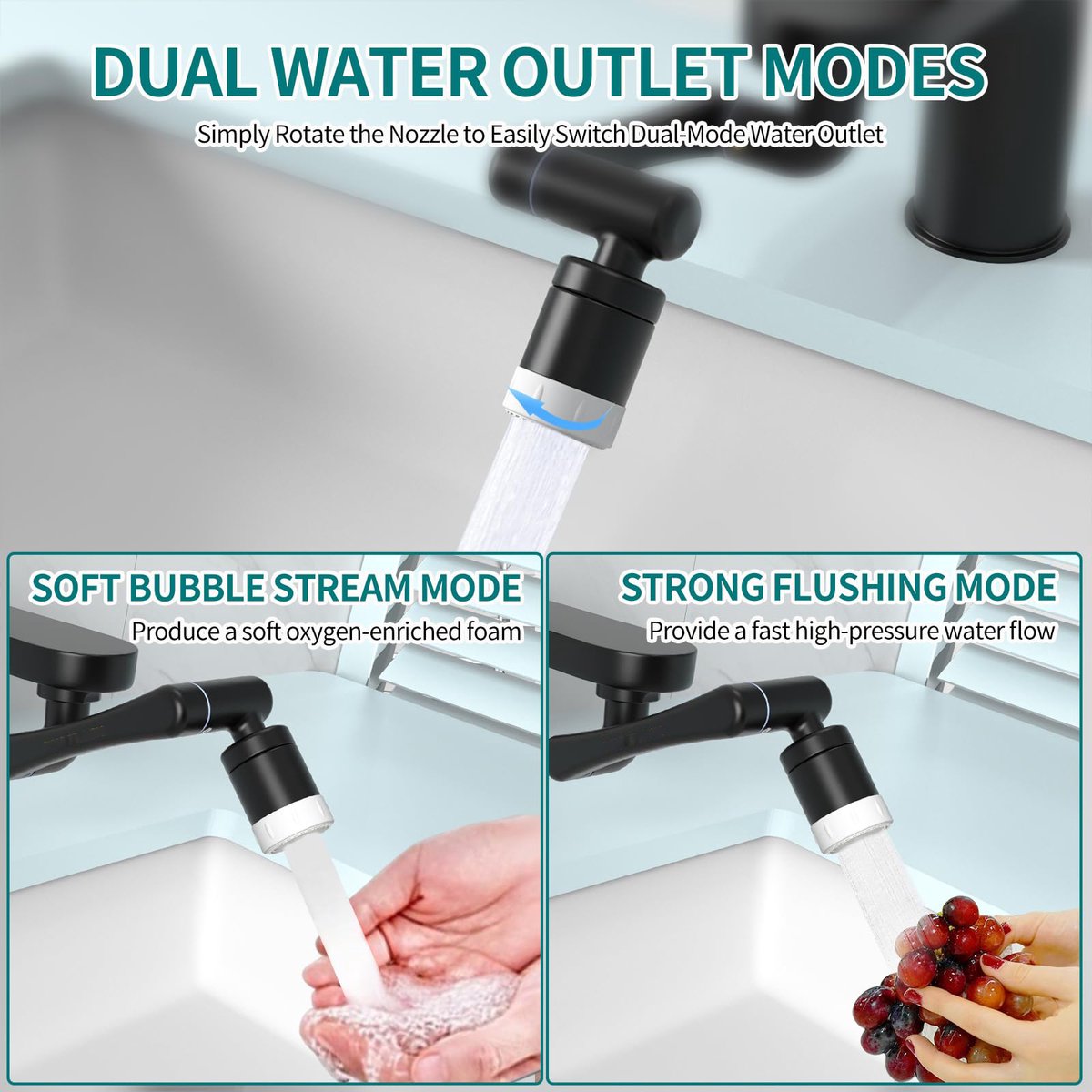 1440° Rotating Faucet - Faucet - Faucet Fitting - Faucet Head - Stainless Steel - Aerator - Rotating - Extension - Water Saving - Kitchen Faucet - Bathroom Faucet - Swivel - Dishwasher - Black