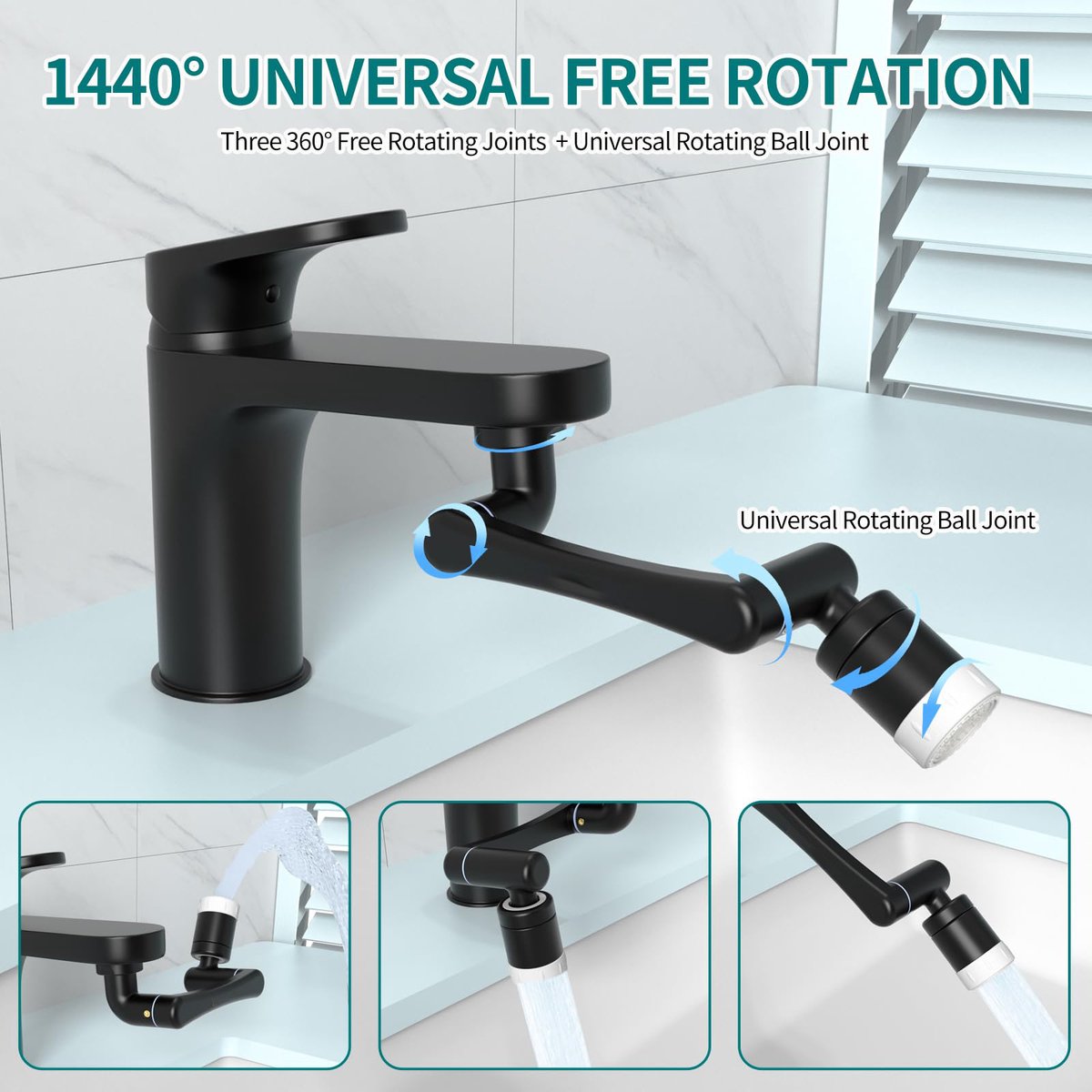 1440° Rotating Faucet - Faucet - Faucet Fitting - Faucet Head - Stainless Steel - Aerator - Rotating - Extension - Water Saving - Kitchen Faucet - Bathroom Faucet - Swivel - Dishwasher - Black