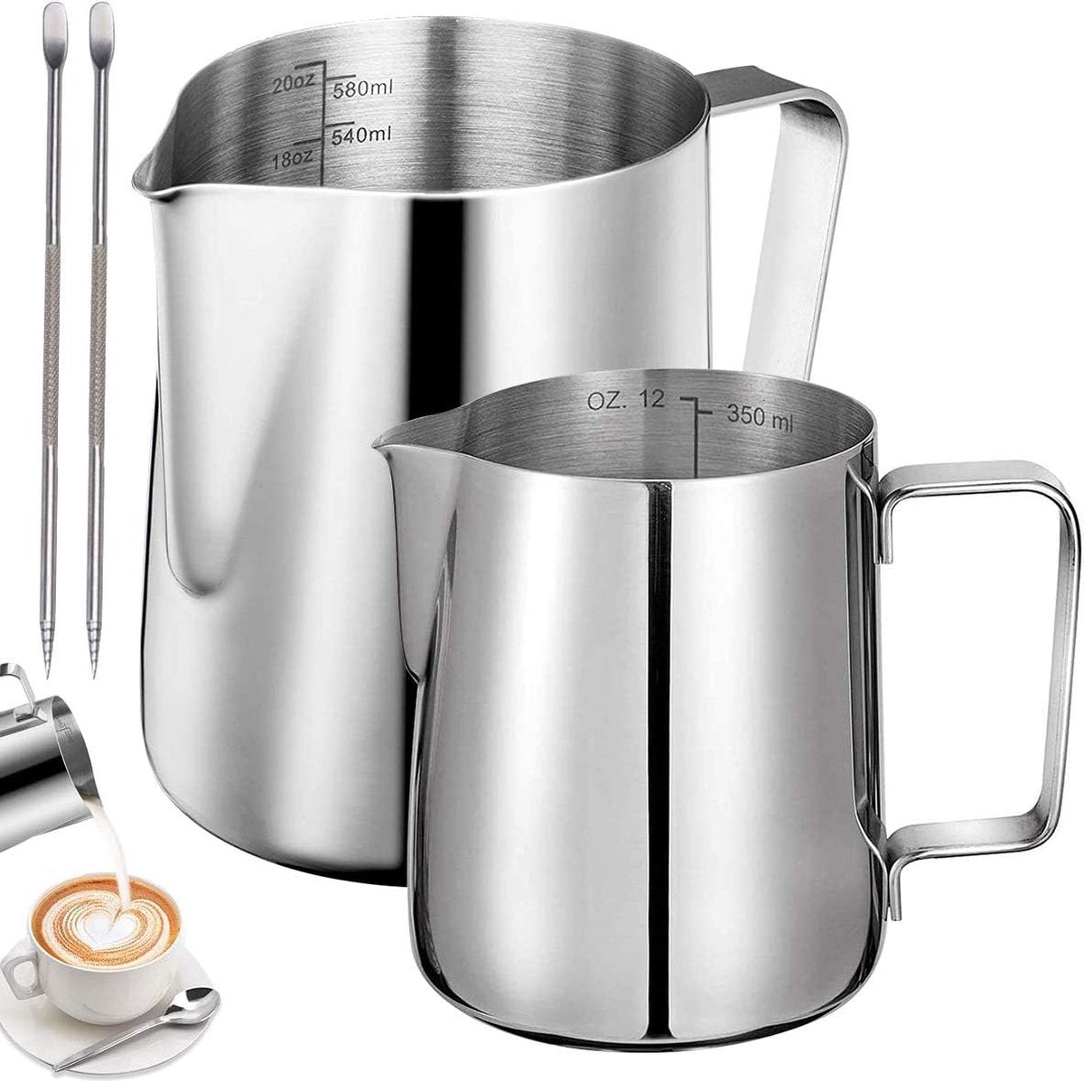 Stainless steel milk jug, 2 pieces, frothers, pitchers, 350 ml, 600 ml, stainless steel milk jug, milk, frothing pitcher, box with 2 barista pens, measuring marks for