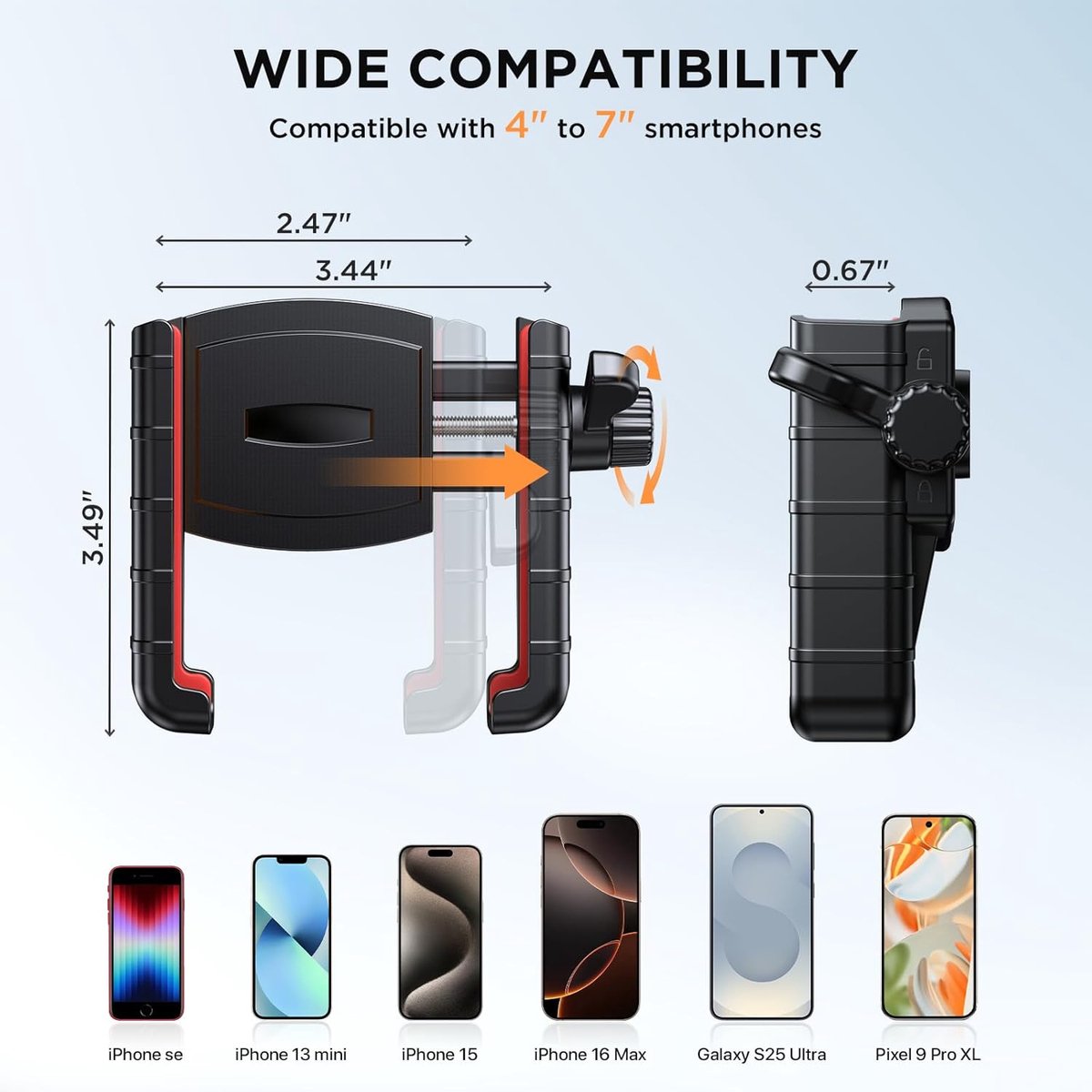 Phone holder for bicycles and motorcycles - Quick attachment - Bicycle handlebar mount - For scooters - Black and red