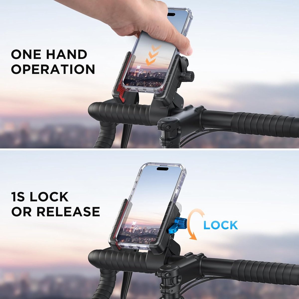 Phone holder for bicycles and motorcycles - Quick attachment - Bicycle handlebar mount - For scooters - Black and red