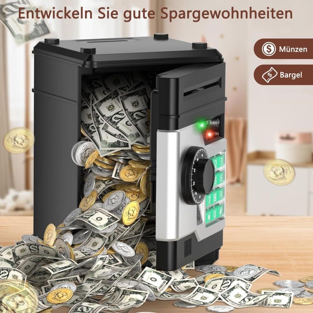 Kids Electronic Piggy Bank with Fingerprint & Password Protection, Automatic Saving Function, Mini Cabinet, Black