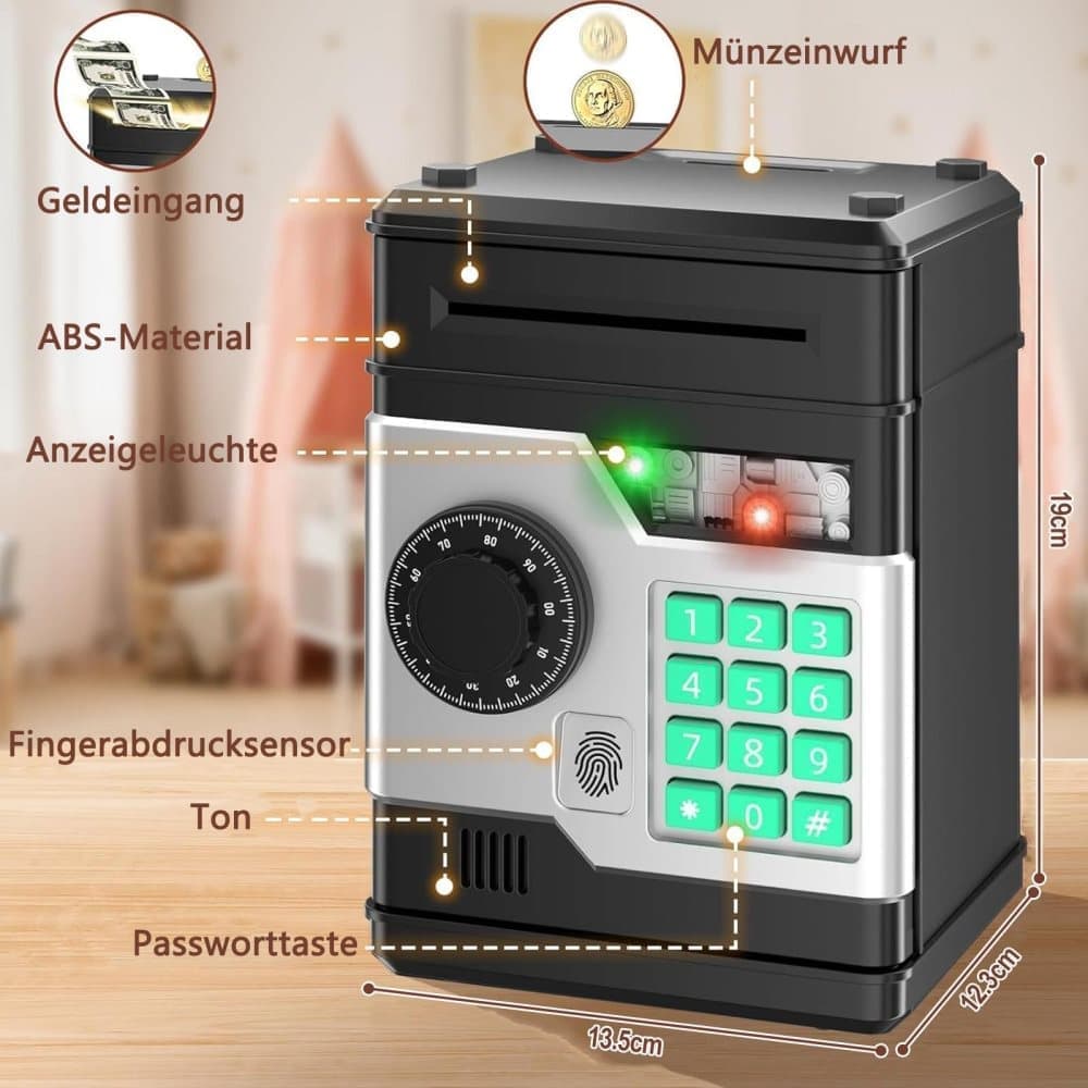 Electronic Piggy Bank for Kids with Fingerprint Opening, Password Protection, Automatic Saving Function, Mini Cabinet, Blue