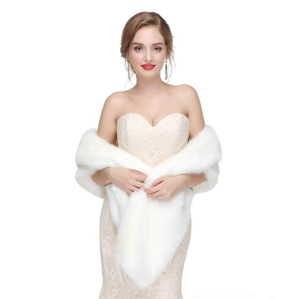 White Faux Fur Scarf Shawl for Women, Warm Large Long, with Faux Fur Trim, for Party Wedding Evening Dress Winter