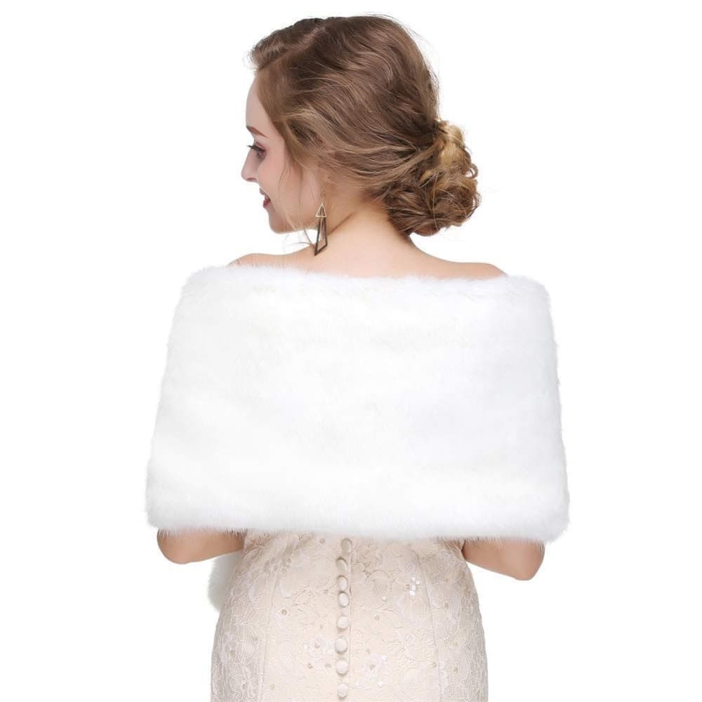 White Faux Fur Scarf Shawl for Women, Warm Large Long, with Faux Fur Trim, for Party Wedding Evening Dress Winter