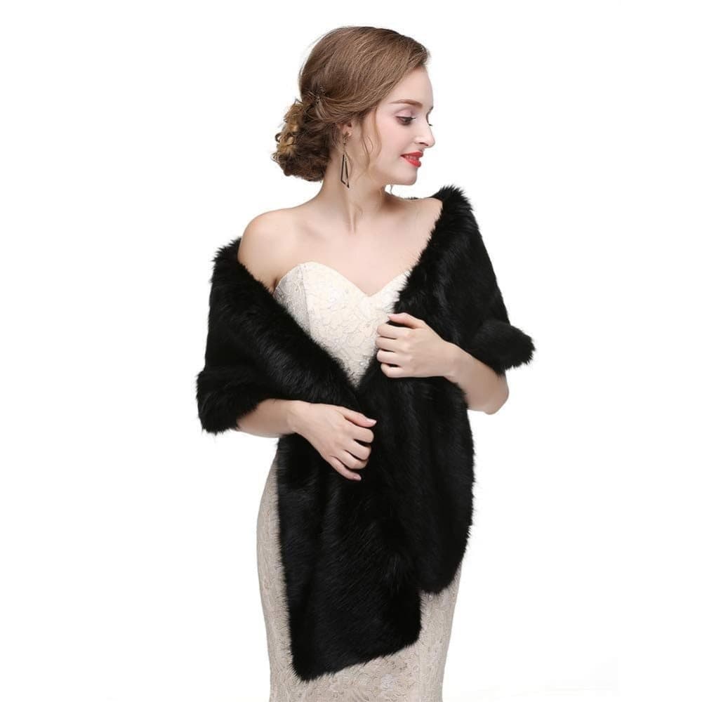 Black Faux Fur Scarf Shawl for Women, Warm Long Large Bridal Shoulder Warmer for Party Wedding Evening Dress Winter Use