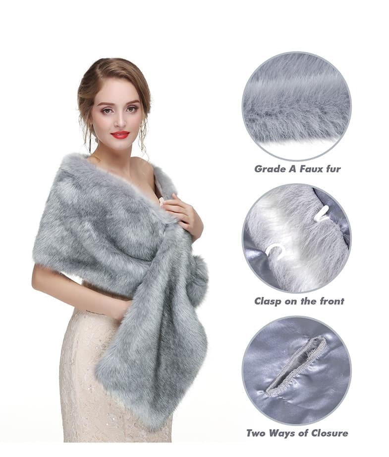 Faux Fur Scarf Shawl for Women, Warm Long Large, with Faux Fur Trim, Gray