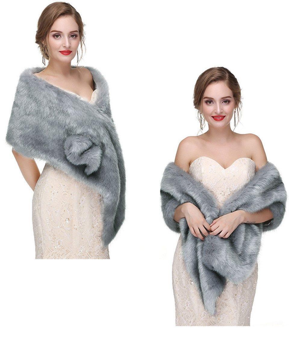 Faux Fur Scarf Shawl for Women, Warm Long Large, with Faux Fur Trim, Gray