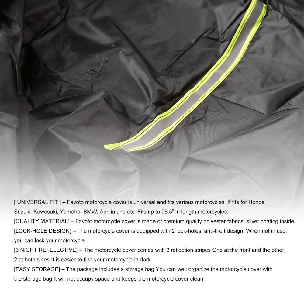 Waterproof Motorcycle and Moped Cover with Reflective Strips, Rain UV Dust Resistant, Black, 265x105x125cm
