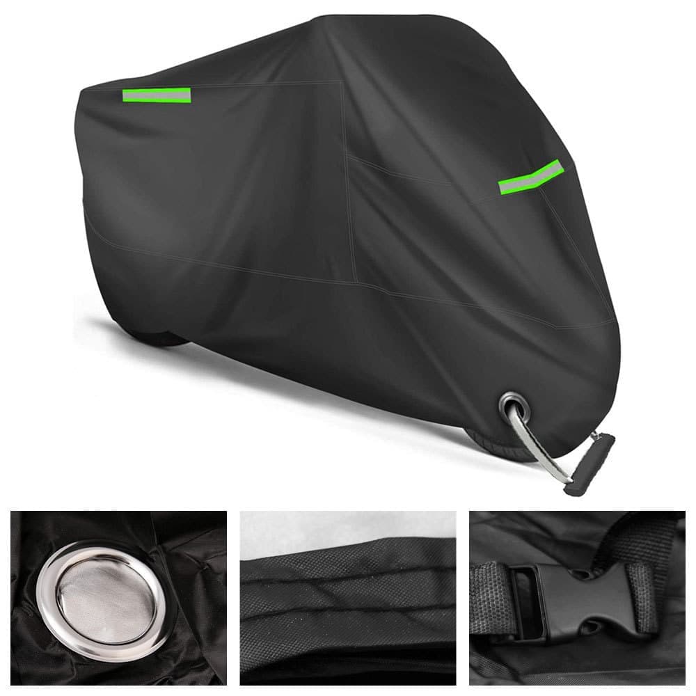 Waterproof Motorcycle and Moped Cover with Reflective Strips, Rain UV Dust Resistant Black, 230x95x125cm