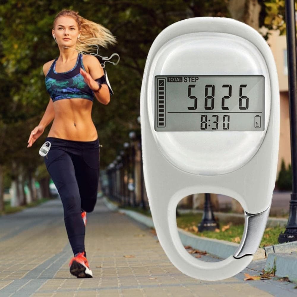 3D Pedometer with LED Display for Running and Walking, Portable Step Counter with Climbing Carabiners, White