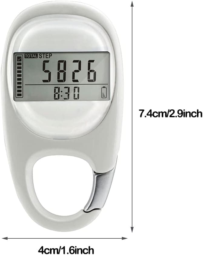 3D Pedometer with LED Display for Running and Walking, Portable Step Counter with Climbing Carabiners, White