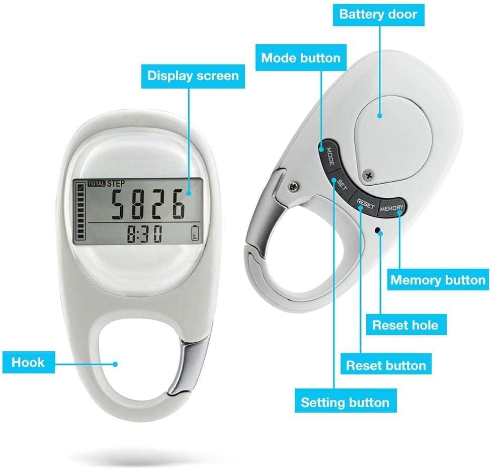 3D Pedometer with LED Display for Running and Walking, Portable Step Counter with Climbing Carabiners, White