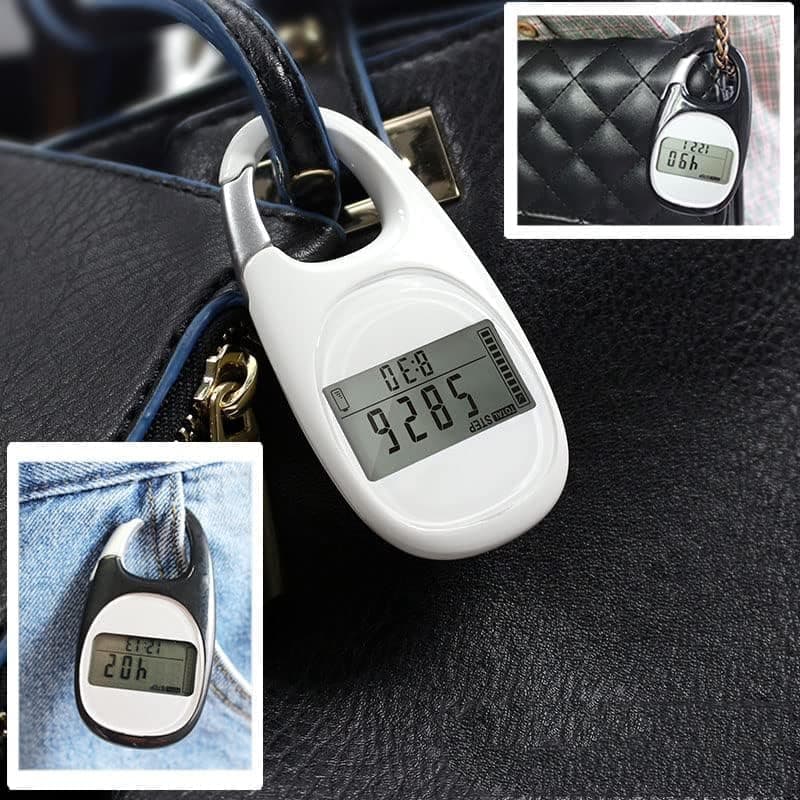 3D Pedometer with LED Display for Running and Walking, Portable Step Counter with Climbing Carabiners, White