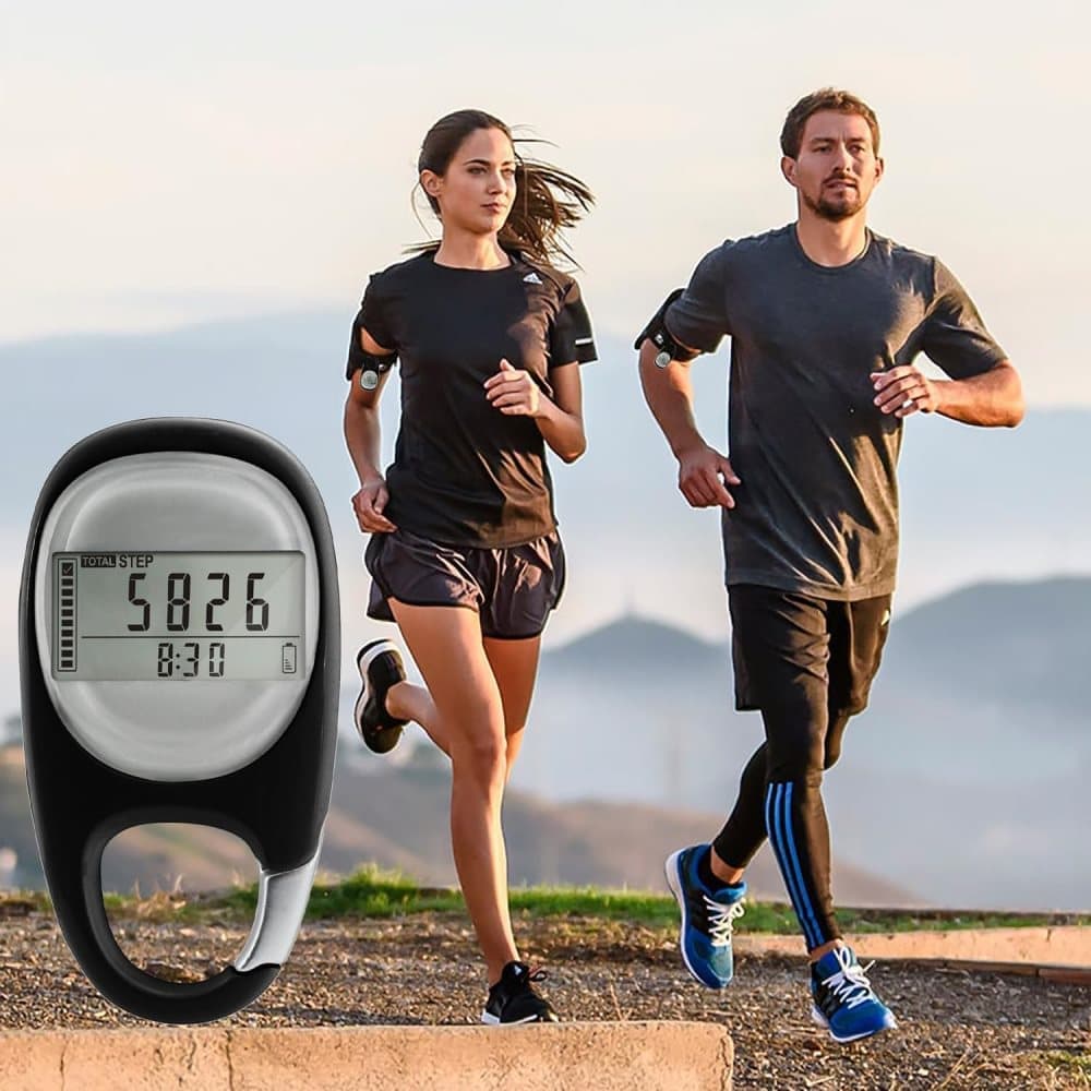 3D Pedometer with LED Display for Running and Walking, Portable Step Counter with Climbing Carabiners, Black