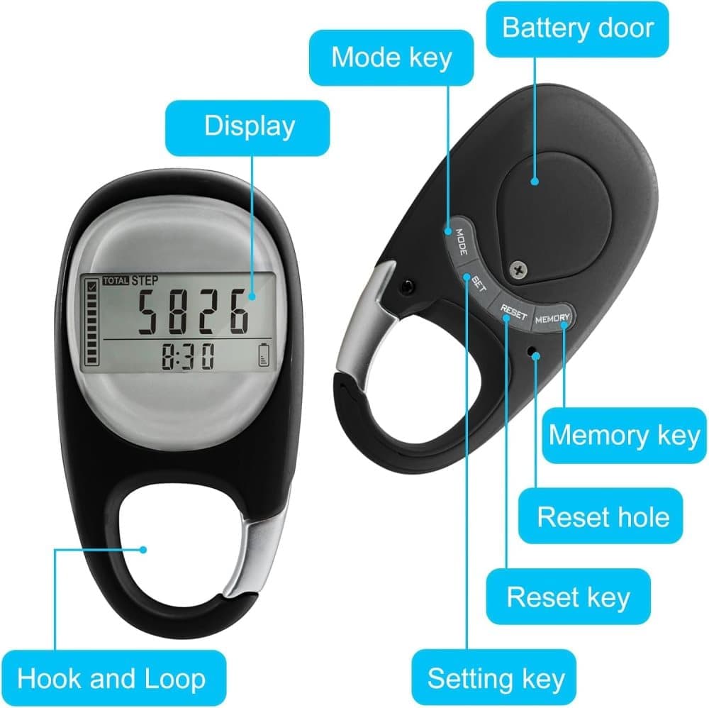 3D Pedometer with LED Display for Running and Walking, Portable Step Counter with Climbing Carabiners, Black
