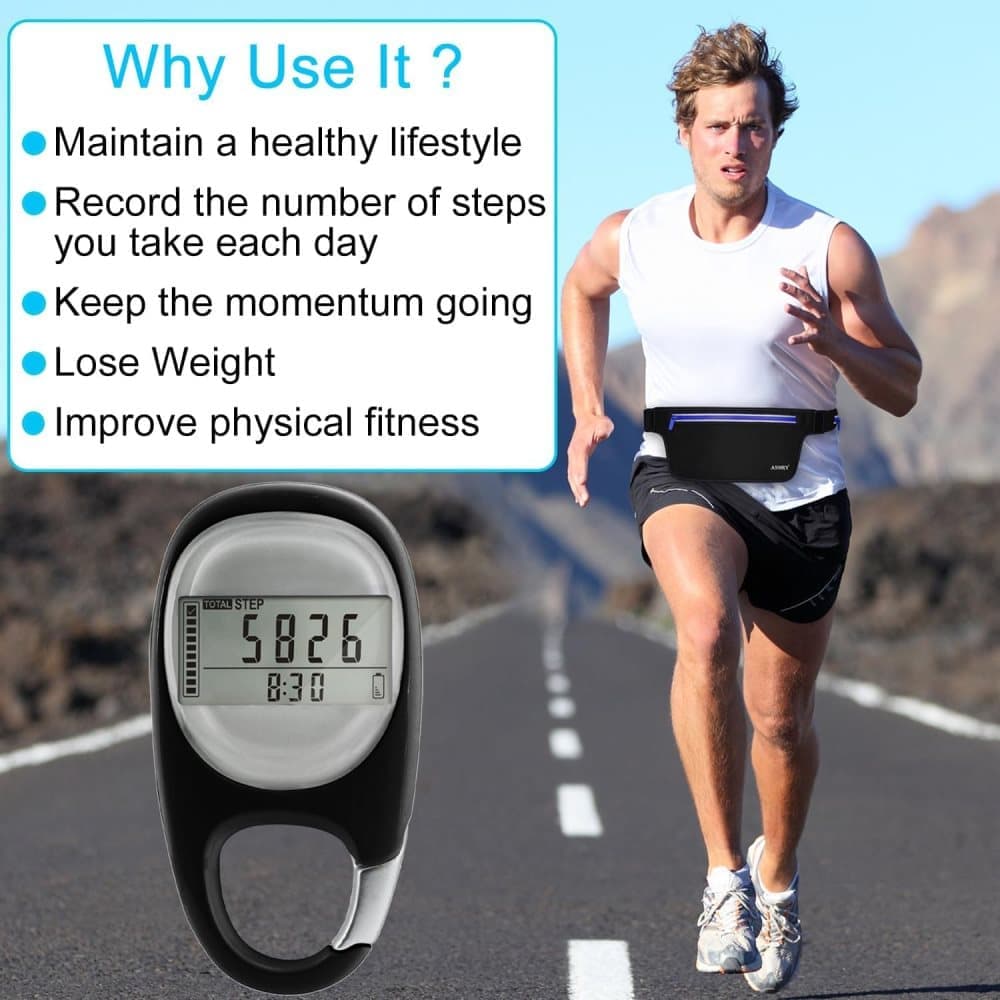 3D Pedometer with LED Display for Running and Walking, Portable Step Counter with Climbing Carabiners, Black