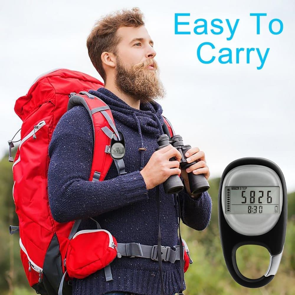 3D Pedometer with LED Display for Running and Walking, Portable Step Counter with Climbing Carabiners, Black